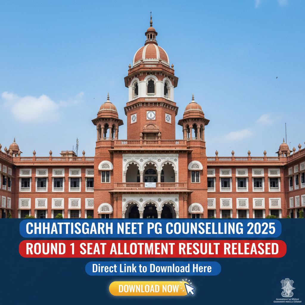 Chhattisgarh NEET PG Counselling 2025 Round 1 Seat Allotment Result Released: Direct Link to Download Here - FindMyCollege