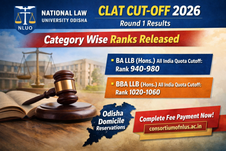 NLUO Odisha CLAT Cutoff 2026 Round 2 Released – Category Wise Ranks for BA LLB and BBA LLB - FindMyCollege